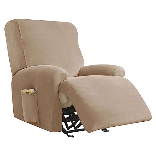 CLGTY Stretch Sesselschoner Für Fernsehsessel 4-Stück, Weich Samt überzug Für Relaxsessel Antirutsch Mit Tasche Sesselbezug Möbelschutz-Khaki-sehsessel von CLGTY