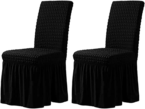 CLGTY Stretch Stuhlbezug 2er Set, Stretch Seersucker Stuhlhussen Mit Rock, Stuhlhussen Für Home Party Hotel Hochzeitszeremonie-Black-Set of 2 von CLGTY