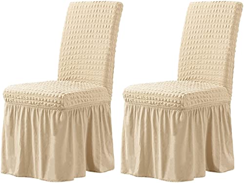 CLGTY Stretch Stuhlbezug 2er Set, Stretch Seersucker Stuhlhussen Mit Rock, Stuhlhussen Für Home Party Hotel Hochzeitszeremonie-Khaki-Set of 2 von CLGTY