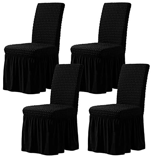 CLGTY Stretch Stuhlbezug 4er Set, Stretch Seersucker Stuhlhussen Mit Rock, Stuhlhussen Für Home Party Hotel Hochzeitszeremonie-Black-Set of 4 von CLGTY