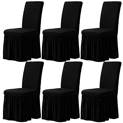 CLGTY Stretch Stuhlbezug 6er Set, Stretch Seersucker Stuhlhussen Mit Rock, Stuhlhussen Für Home Party Hotel Hochzeitszeremonie-Black-Set of 6 von CLGTY