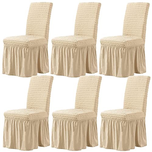 CLGTY Stretch Stuhlbezug 6er Set, Stretch Seersucker Stuhlhussen Mit Rock, Stuhlhussen Für Home Party Hotel Hochzeitszeremonie-Khaki-Set of 6 von CLGTY