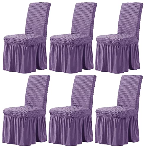 CLGTY Stretch Stuhlbezug 6er Set, Stretch Seersucker Stuhlhussen Mit Rock, Stuhlhussen Für Home Party Hotel Hochzeitszeremonie-Purple-Set of 6 von CLGTY