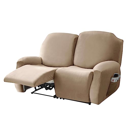 CLGTY Stretch sesselschoner für fernsehsessel 2sitzer 6-Stück, Weich Samt überzug für relaxsessel Antirutsch mit Tasche Sesselbezug Möbelschutz-Khaki-2sitzer von CLGTY