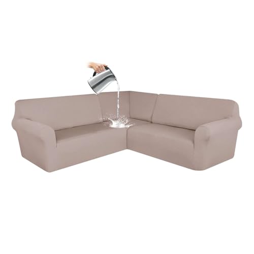 CLGTY Wasserdicht Sofabezug Ecksofa, 3 Stücke Bezug Für Ecksofas L-Form Sofa Bezug Eckcouch Antirutsch Sofahusse Für Wohnzimmer-Khaki-5 Sitzer von CLGTY