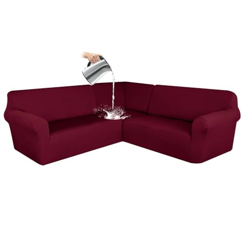 CLGTY Wasserdicht Sofabezug Ecksofa, 3 Stücke Bezug Für Ecksofas L-Form Sofa Bezug Eckcouch Antirutsch Sofahusse Für Wohnzimmer-Weinrot-7 Sitzer von CLGTY