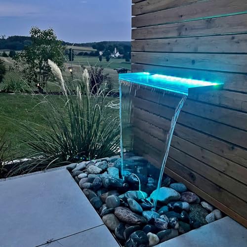 CLGarden 60cm Wasserfall Edelstahl Einsatz DIY mit LED Beleuchtung RGB Licht für Steinmauer Wand Gartenteich Gabione von CLGarden