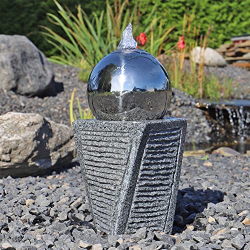 CLGarden Granit Springbrunnen SB17-2 mit Säule und Edelstahl Kugel Gartenbrunnen Set Stein mit LED Beleuchtung Garten Wasserspiel von CLGarden