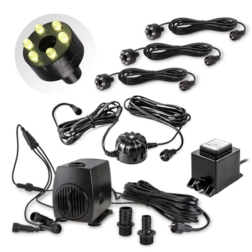 CLGarden Springbrunnen Pumpe SP3-L mit 3x Beleuchtungen warmweiß Lichtsensor 1300 Liter Wasserspiel Dämmerungssensor Pumpe mit LED von CLGarden