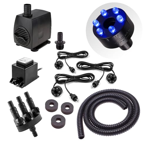 CLGarden Springbrunnen Pumpe Set mit 3x LED Beleuchtung blau für Wasserspiel Säulenbrunnen Kugelbrunnen Schlauch Wasserverteiler 1300 L/H von CLGarden