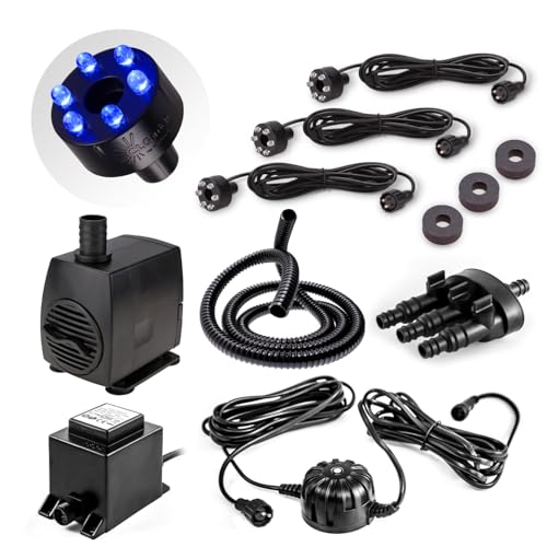 CLGarden Springbrunnenpumpe SP3-SL Set mit 3 blauen LED-Ringen und automatischer Lichtsteuerung, leise Tauchpumpe 1300l/h für Gartenbrunnen, Quellsteine, Zierbrunnen von CLGarden