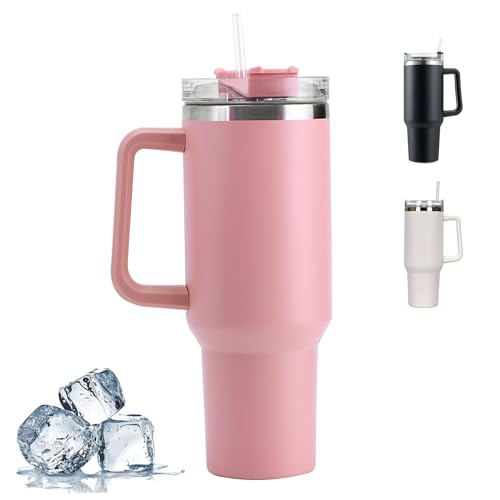 CLHXWU 1200ml Thermobecher mit Strohhalm und Henkel,40oz Kaffeebecher to Go,Tragbare Autobecher Becher,Doppelwandiger Edelstahl Vakuum Isolierbecher Für Heißer und Kalter Getränke (Rosa) von CLHXWU
