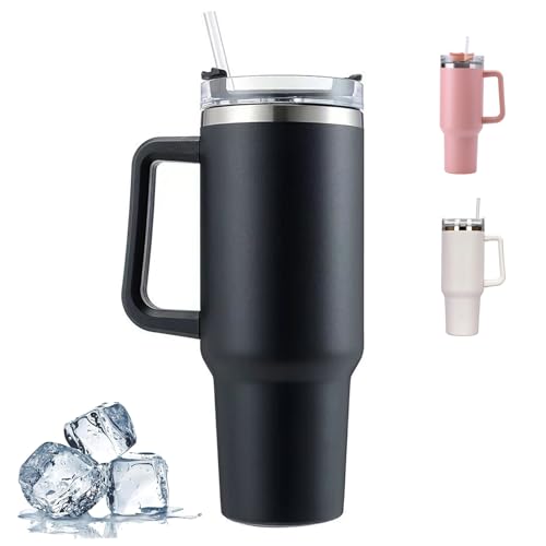 CLHXWU 1200ml Thermobecher mit Strohhalm und Henkel,40oz Kaffeebecher to Go,Tragbare Autobecher Becher,Doppelwandiger Edelstahl Vakuum Isolierbecher Für Heißer und Kalter Getränke (Schwarz) von CLHXWU