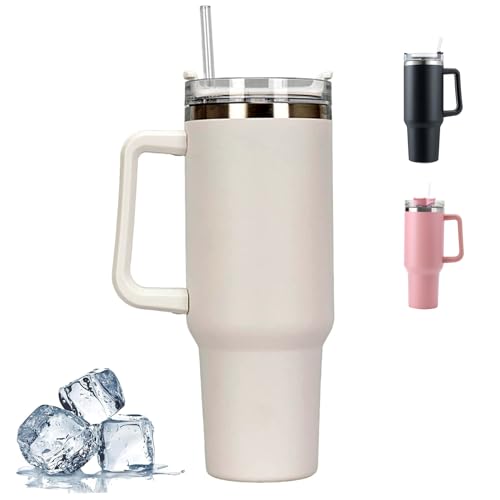 CLHXWU 1200ml Thermobecher mit Strohhalm und Henkel,40oz Kaffeebecher to Go,Tragbare Autobecher Becher,Doppelwandiger Edelstahl Vakuum Isolierbecher Für Heißer und Kalter Getränke (Weiß) von CLHXWU
