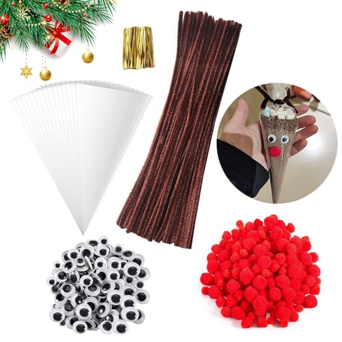 CLHXWU 500 Stück Braune Pfeifenputzer Basteln Set,Chenilledraht Braun,Süßigkeitentüte,Rote Nasen Zum Basteln,Selbstklebende Bastelaugen,Für DIY Weihnachtsgeschenke Handgemacht von CLHXWU