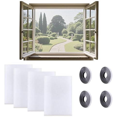 Fliegengitter Fenster 4 Stück,130x150 cm Insektenschutz ohne Bohren,Selbstklebend Insektenschutz Fenster mit 4 Rollen Klebeband,Fliegen- & Mückennetz(Weiß) von CLHXWU