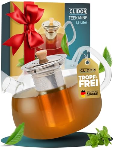 CLIDOR Teekanne mit Siebeinsatz - 1,5 Liter, verstärkte Glasstärke für bessere Isolierung, Teekanne mit Stövchen nutzbar, Glasteekanne, Thermo Teezubereiter, robuster Teapot, Teebereiter (1500ml) von CLIDOR