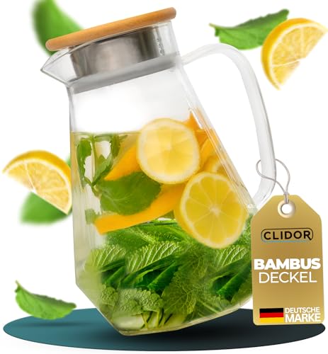 CLIDOR Wasserkaraffe - 1,5 Liter, verstärkte Glasstärke, Karaffe für Heiß- & Kaltgetränke geeignet, Tropffreier Ausguss, moderne Glaskaraffe, Teekanne Glas, robuste Glaskaraffe mit Deckel (1500ml) von CLIDOR