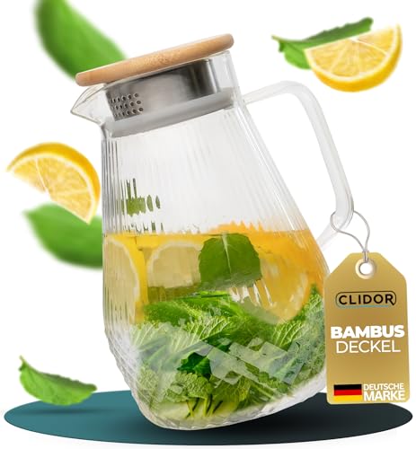 CLIDOR ® - Tropffreie Glaskaraffe - 1,5 Liter (mit 50% verstärkter Glasdicke) Karaffe für Heiß- & Kaltgetränke - Tropffreier Ausguss - Wasserkaraffe - Teekanne Glas - robuste mit Deckel von CLIDOR