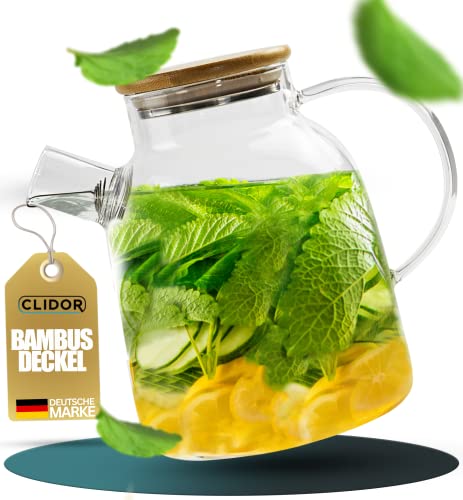 CLIDOR Wasserkaraffe - 1,6 Liter, verstärkte Glasstärke, Karaffe für Heiß- & Kaltgetränke geeignet, Tropffreier Ausguss, moderne Glaskaraffe, Teekanne Glas, robuste Glaskaraffe mit Deckel (1600ml) von CLIDOR