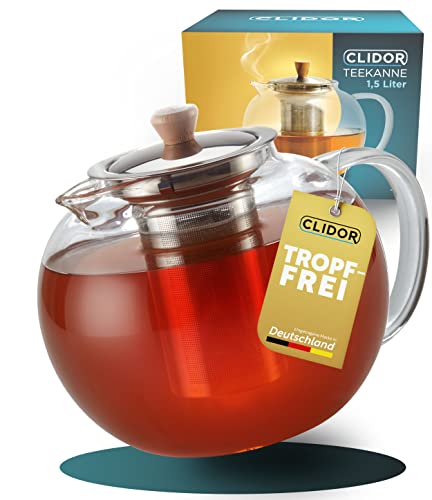 CLIDOR ® - Teekanne mit Siebeinsatz - 1,5 Liter (verstärkte Glasdicke) Teekanne Glas - verbesserte Konstruktion des Siebeinsatz - Teekanne - Teekanne mit Sieb - robuste Glas Teekanne - Teapot von CLIDOR