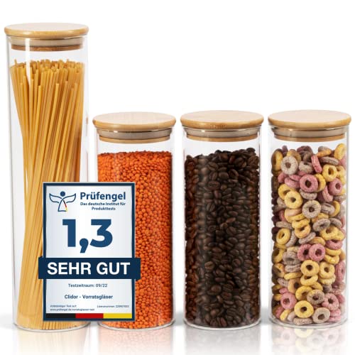 CLIDOR ® Vorratsgläser mit Deckel, Rund I 4er Set I Erhöhte Glasstärke I Vorratsdosen mit Deckel luftdicht I Aufbewahrungsbox Küche für alle Lebensmittel I Glasbehälter I Küchen Organizer von CLIDOR