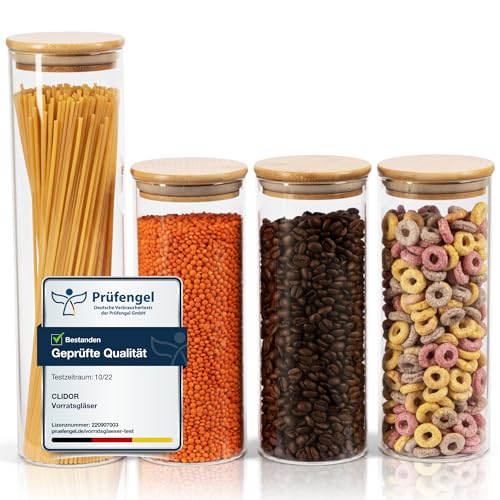 CLIDOR ® Vorratsgläser mit Deckel, Rund I 4er Set - 1x 1200ml & 3x 800ml I Erhöhte Glasstärke I Vorratsdosen mit Deckel luftdicht I Aufbewahrungsbox Küche für alle Lebensmittel I Küchen Organizer von CLIDOR