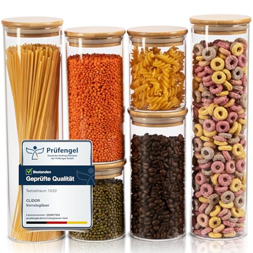 CLIDOR ® Vorratsgläser mit Deckel, Rund I 6er Set - 4,6L Vol. I Erhöhte Glasstärke I Vorratsdosen mit Deckel luftdicht I Aufbewahrungsbox Küche für alle Lebensmittel I Glasbehälter I Küchen Organizer von CLIDOR