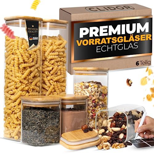 CLIDOR ® Vorratsgläser mit Deckel, Eckig I 6er Set - 5,6L Vol. I Erhöhte Glasstärke I Vorratsdosen mit Deckel luftdicht I Aufbewahrungsbox Küche für alle Lebensmittel I Glasbehälter I Küchen Organizer von CLIDOR