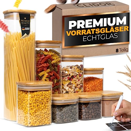 CLIDOR ® Vorratsgläser mit Deckel, Eckig I 8er Set - 5,2L Vol. I Erhöhte Glasstärke I Vorratsdosen mit Deckel luftdicht I Aufbewahrungsbox Küche für alle Lebensmittel I Glasbehälter I Küchen Organizer von CLIDOR
