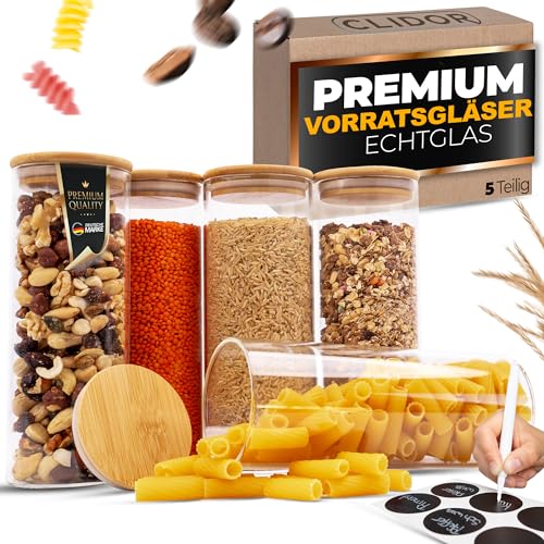 CLIDOR Vorratsgläser mit Deckel, Rund - 5x 850ml, Erhöhte Glasstärke, Vorratsdosen mit Deckel luftdicht, Aufbewahrungsbox Küche für alle Lebensmittel, Glasbehälter, Küchen Organizer von CLIDOR