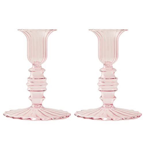 CLIO & CLOVER Kerzenhalter 2er Set – Glasflöten-Kerzenhalter – Set mit zwei Kerzenhaltern perfekt für Stumpenkerzen (Rosa) von CLIO & CLOVER