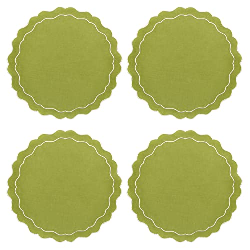 CLIO & CLOVER Leinen-Tischsets mit gewelltem Rand, 4 Stück, 100 % Leinen, luxuriöses Design mit gewelltem Rand, wird wunderschön verpackt geliefert (grün) von CLIO & CLOVER