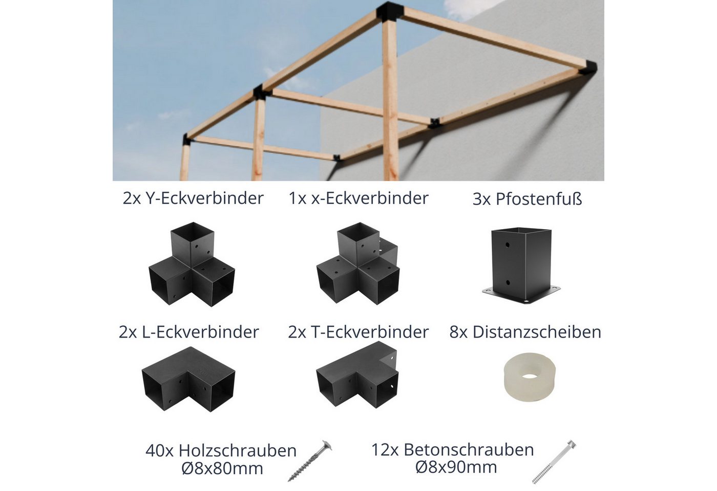 CLIP`N`SHADE Pfostenbeschlag Eck- Pfostenverbinder Beschlag Set für 10x10 Holz DIY-Pergola (DIY-Pergola, Eckverbinder Komplett Set), Hochwertiges Material, schwarz pulverbeschichtet von CLIP`N`SHADE