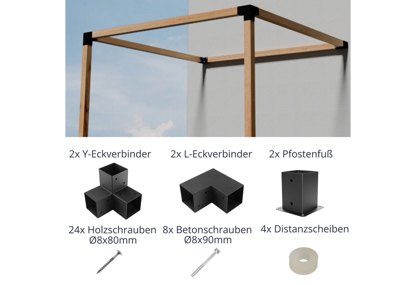 CLIP`N`SHADE Pfostenbeschlag Eck- Pfostenverbinder Beschlag Set für 10x10 Holz DIY-Pergola (DIY-Pergola, Eckverbinder Komplett Set), Hochwertiges Material, schwarz pulverbeschichtet von CLIP`N`SHADE