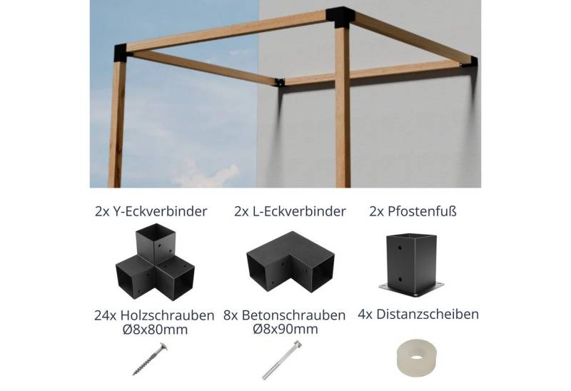 CLIP`N`SHADE Pfostenbeschlag Eck- Pfostenverbinder Beschlag Set für 10x10 Holz DIY-Pergola (DIY-Pergola, Eckverbinder Komplett Set), Hochwertiges Material, schwarz pulverbeschichtet von CLIP`N`SHADE