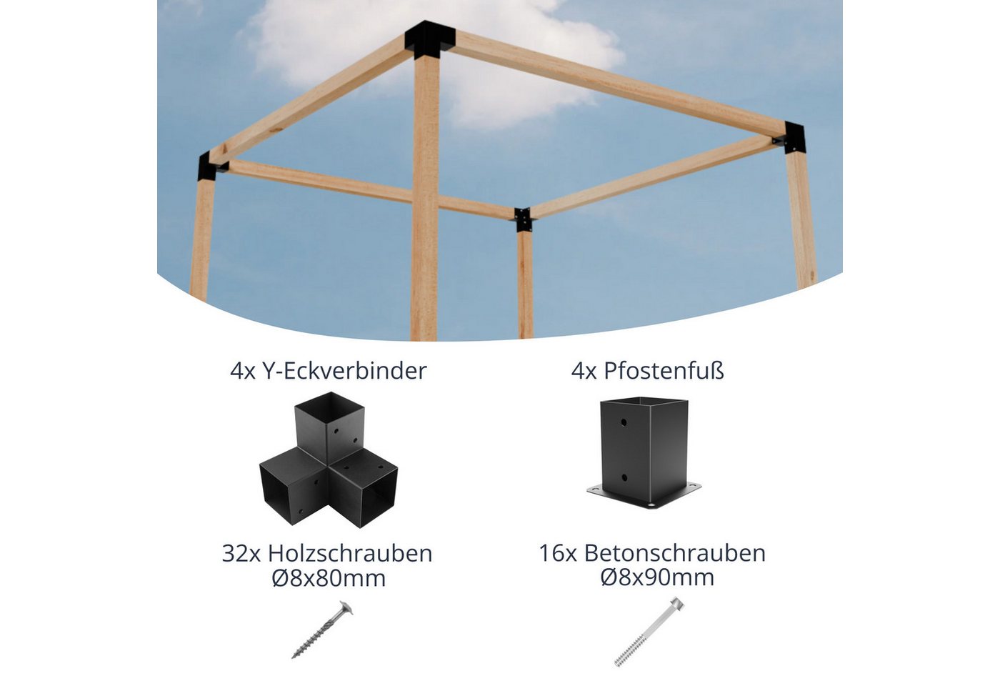 CLIP`N`SHADE Pfostenbeschlag Eck- Pfostenverbinder Beschlag Set für 10x10 Holz DIY-Pergola (DIY-Pergola, Eckverbinder Komplett Set), Hochwertiges Material, schwarz pulverbeschichtet von CLIP`N`SHADE