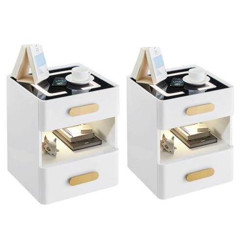 CLIPOP 2er Set Nachttisch Weiß,LED Nachtschrank mit 2 Schubladen und Offenes Ablagefach,Kabelloses Ladefunktion,Nachtkommode Beistelltisch mit Intelligentes Sensorlicht,40 x 40 x 50 cm von CLIPOP