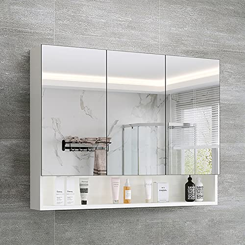 CLIPOP Badezimmer Spiegelschrank Wandmontage Badezimmerschrank mit 3 Spiegeltüren, Verstellbaren Regalböden und offenem Regal,Holz Wandschrank Bad,15,5 x 70 x 63 cm von CLIPOP