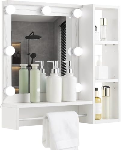 CLIPOP Badezimmerspiegel mit LED-Lichtern, Wandmontage, Badezimmerschrank mit höhenverstellbaren Regalen und Handtuchstange, Kosmetikspiegelschrank für Wohnzimmer und Badezimmer, Waschraum von CLIPOP