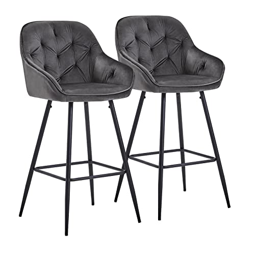 CLIPOP Barhocker 2er Set Samt Barsessel Küchenhocker mit Armlehne und Fußstütze, hohe Rückenlehne Frühstücksbarhocker für Zuhause, Küche (Grau, 55 x 53 x 107 cm) von CLIPOP
