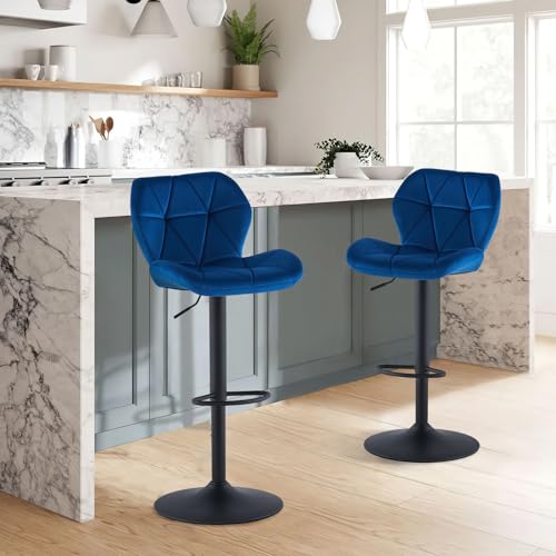 CLIPOP Barhocker Höhenverstellbar 360°Drehbar Barstühle Küchenstühle Tresenhocker Bar Hocker mit Rückenlehne und Fußstütze, (Samt Blau, 2er Set) von CLIPOP