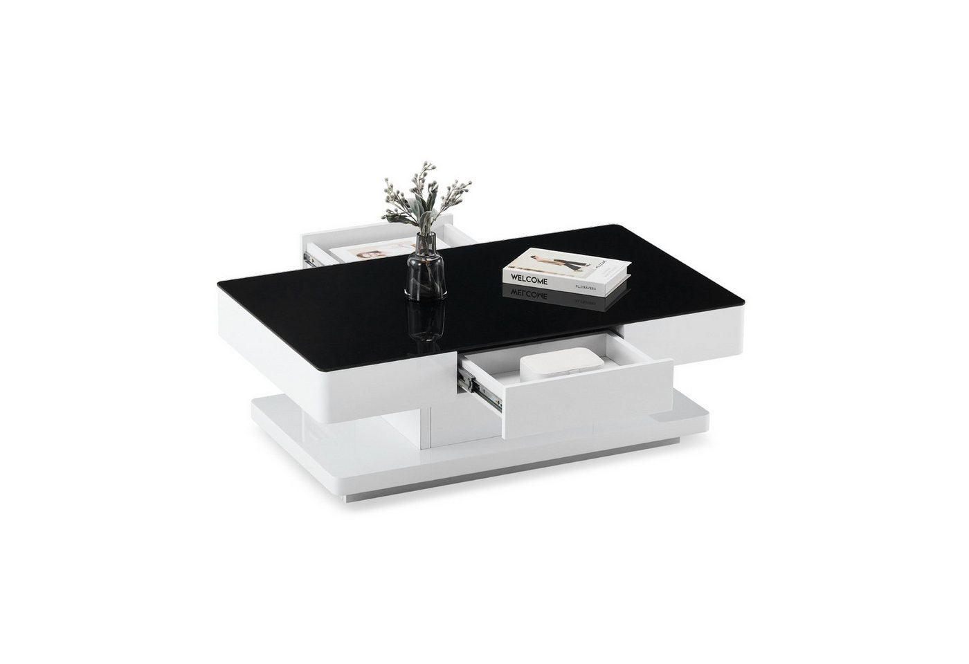 CLIPOP Couchtisch Moderner Beistelltisch (1 Tisch), Glasplatte Wohnzimmertisch mit 2 Schubladen von CLIPOP