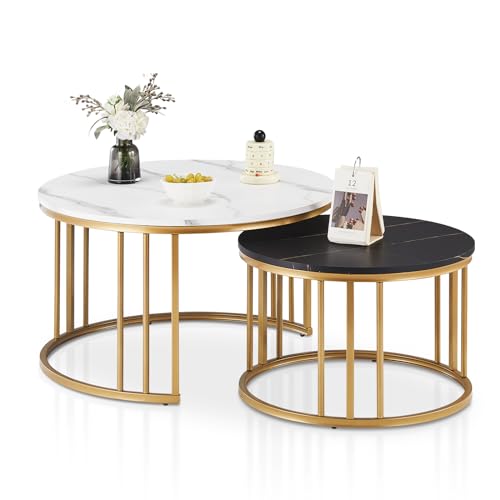 CLIPOP Couchtisch Rund,Satztisch 2er Set mit Marmoreffekt Holztische mit Metallrahmen Basis,70x70x45cm+50x50x38cm Stapelbarer Beistelltisch Set Nesting Tischen,Schwarz + Weiß CLIPOP Couchtisch Rund,Satztisch 2er Set mit Marmoreffekt Holztische mit Metallrahmen Basis,70x70x45cm+50x50x38cm Stapelbarer Beistelltisch Set Nesting Tischen,Schwarz + Weiß von CLIPOP