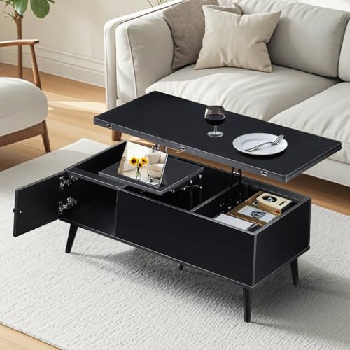 CLIPOP Couchtisch höhenverstellbarer,Doppelte Hubplatte,Versenkbarer Wohnzimmertisch, Kaffeetisch umwandelbar in Esstisch, Beistelltisch mit Verstecktem Fach, Sofatisch aus Holz,Schwarz von CLIPOP