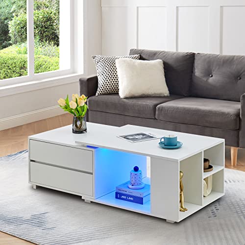 CLIPOP Couchtisch mit LED-Licht, Rechteckiger Wohnzimmer Beistelltisch mit 4 Schubladen und offenem Regal, Dehnbarer Sofa Teetisch für Zuhause, Büro, Lounge von CLIPOP