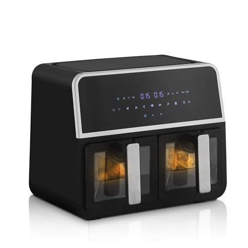 CLIPOP Digitale Zweizonen Luftfritteuse für den Heimgebrauch, 2 Schubladen, 9L ölfrei Heißluftfritteusen, 7 voreingestellte Timer & Temperaturkontrolle, Antihaft-Korb, 1700W spülmaschinenfest von CLIPOP