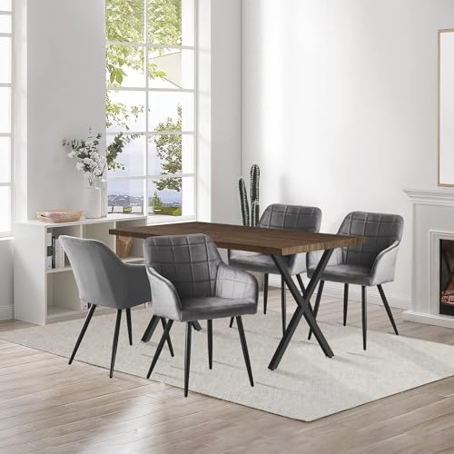 CLIPOP Essgruppen Esstisch mit 4 Samt Stühlen Set Rechteckig Küchentisch 140cm und Esszimmerstühle mit Armlehne Gepolsterter Küchensessel Tisch Stuhl,Braun Esstisch und Grau Armlehnstuhl von CLIPOP