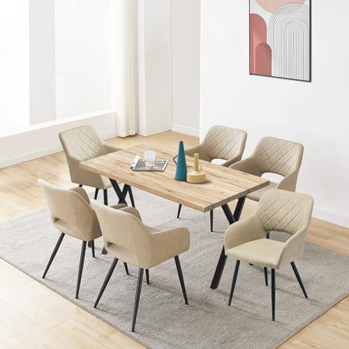 CLIPOP Essgruppen Esstisch mit 6 Stühlen,Holz Rechteckig Küchentisch 140cm und PU Leder Esszimmerstühle 6er Set,Retro Style Tisch Armlehnstuhl Sitzgruppe für Wohnzimmer Esszimmer Küche (Eiche+Creme) von CLIPOP