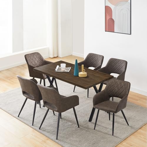 CLIPOP Essgruppen Esstisch mit 6 Stühlen,Holz Rechteckig Küchentisch 140cm und PU Leder Esszimmerstühle 6er Set,Retro Style Tisch Armlehnstuhl Sitzgruppe für Wohnzimmer Esszimmer Küche (Braun+Braun) von CLIPOP